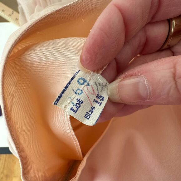 Vintage Size 15 Peach Chiffon Pleated Belted Sleeveless Dress Drape Neck BackZip - Picture 13 of 16